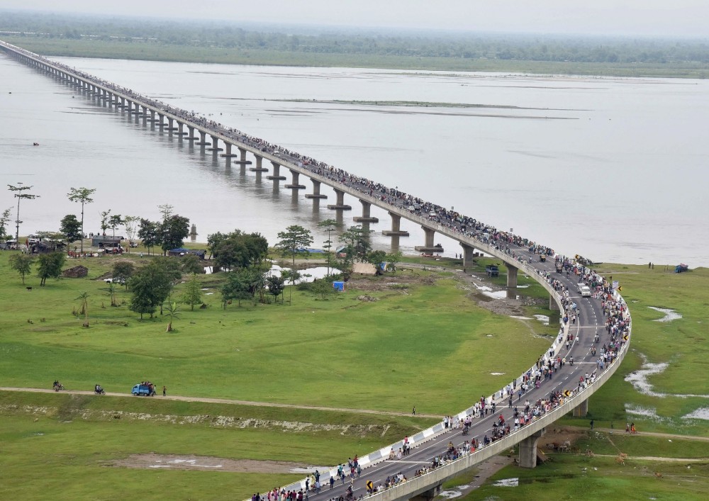 An aerial view of the Dhola-Sadiya bridge across River Brahmaputra. (IANS/PIB Photo)