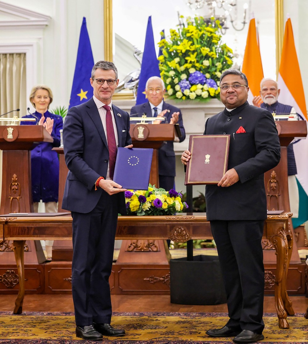 Prime Minister Narendra Modi, President of the European Council António Costa, and President of the European Commission Ursula von der Leyen witness the exchange of MoUs between India and the European Union at Hyderabad House, in New Delhi, Tuesday, January 27, 2026. Secretary (West) Amb. Sibi George also present. (Photo: IANS/PMO)