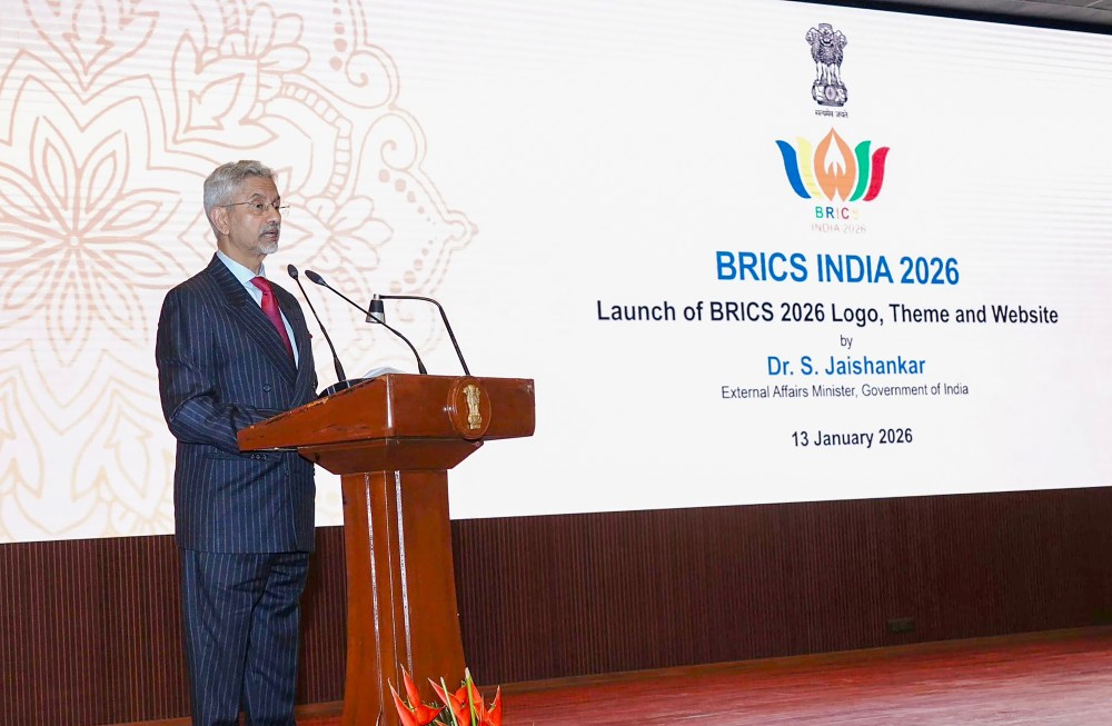 External Affairs Minister S. Jaishankar speaks during the launch of preparations for BRICS India 2026 with the unveiling of the official website, theme, and logo in New Delhi, Monday, January 12, 2026. (Photo: IANS/X/@DrSJaishankar)