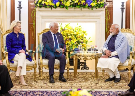 Prime Minister Narendra Modi meets President of the European Council António Luís Santos da Costa and President of the European Commission Ursula von der Leyen at Hyderabad House, in New Delhi on Tuesday, January 27, 2026. (Photo: IANS/PMO)