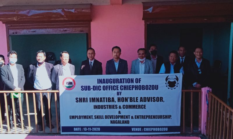 Advisor Imnatiba and others during the inauguration of Sub District Industries Centre office at Chiephobozou town on November 13. (Morung Photo)